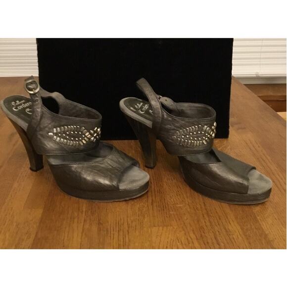 Calleen Cordero pewter leather w/studded accents slingback platform Sandals Sz 9 - Picture 4 of 6